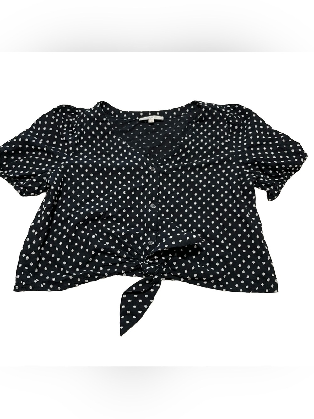 LOFT Black and Cream Cotton Tie-Front Blouse